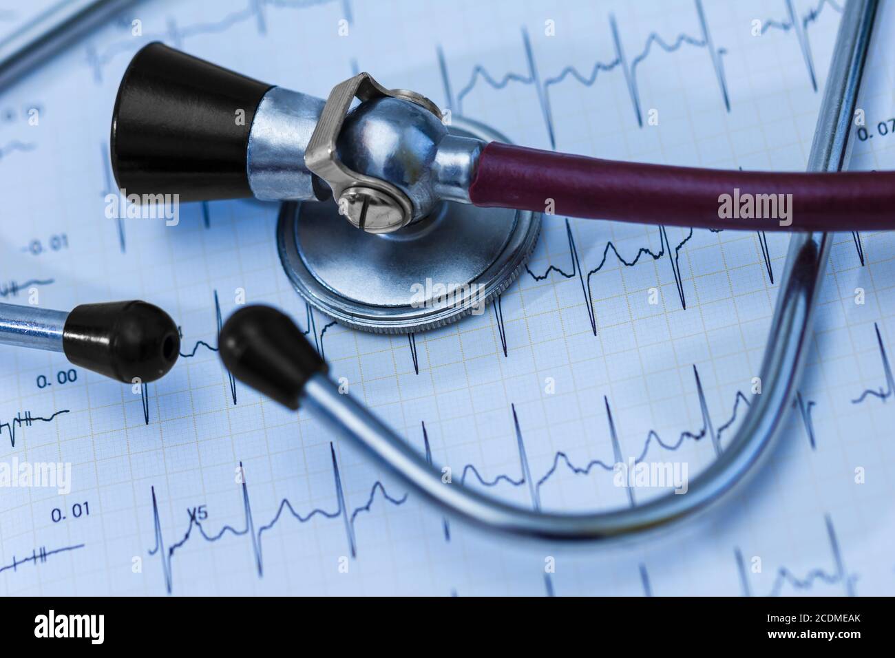 Cardiogram pulse trace and stethoscope concept for cardiovascular medical exam Stock Photo