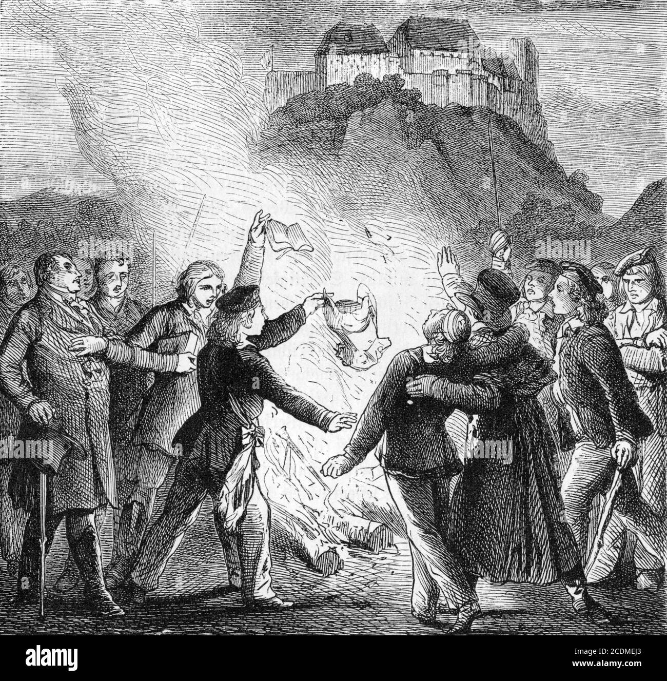 Burning of books at the Wartburg festival in 1817, historical illustration from Otto von Leixner: Illustrated history of German literature. Leipzig Stock Photo