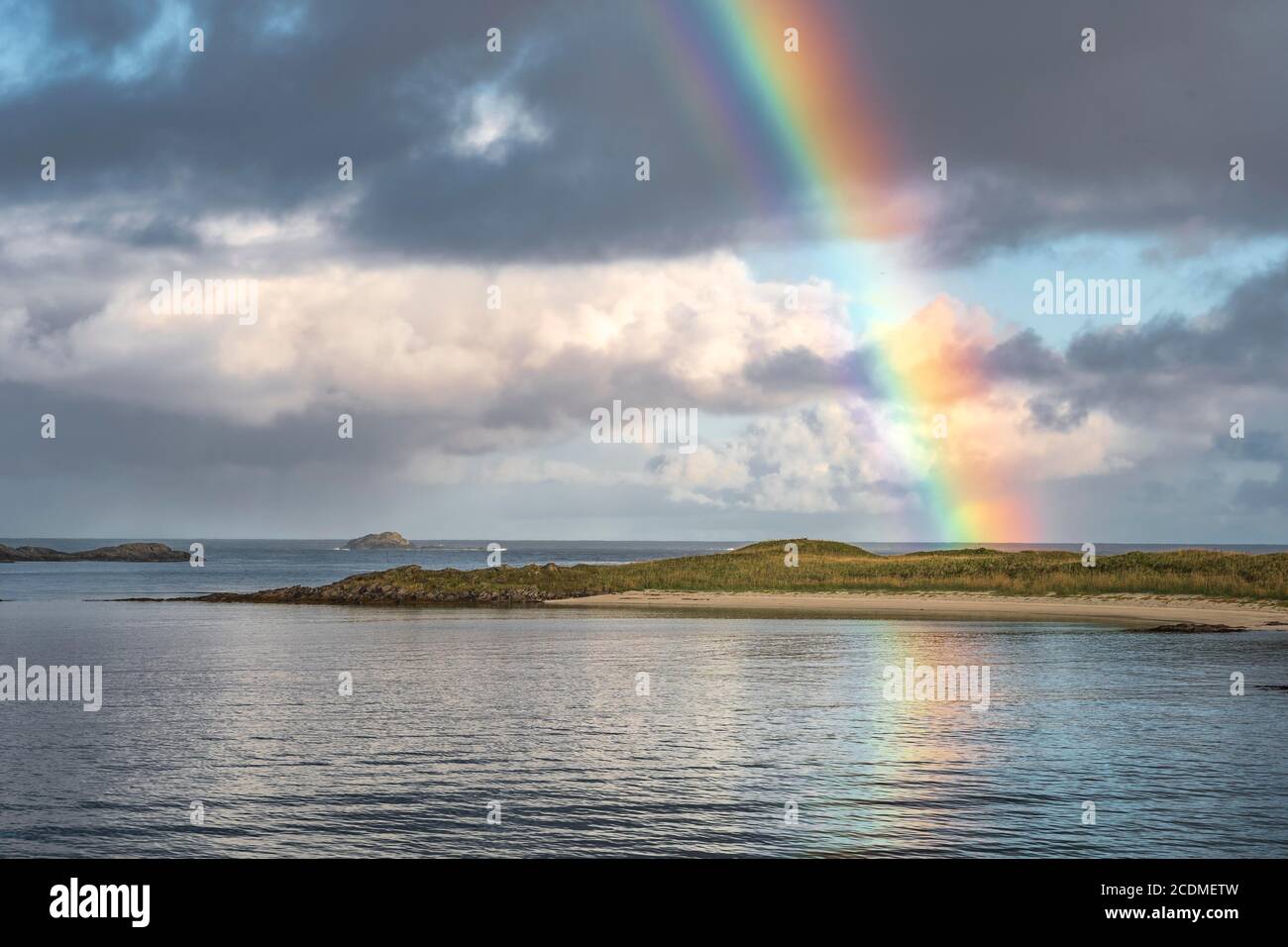 Colourful rainbow over the sea, Lofoten, Nordland, Norway Stock Photo