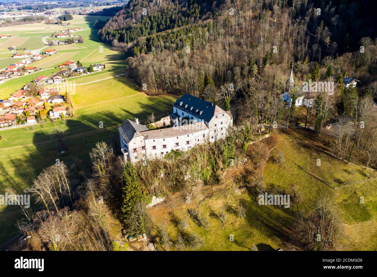 Aerial view, Marquartstein Castle, medieval hilltop castle, Tiroler Achen, Marquartstein Upper Bavarian district of Traunstein, Germany Stock Photo