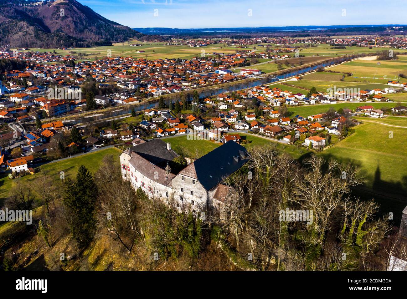 Aerial view, Marquartstein Castle, medieval hilltop castle, Tiroler Achen, Marquartstein Upper Bavarian district of Traunstein, Germany Stock Photo