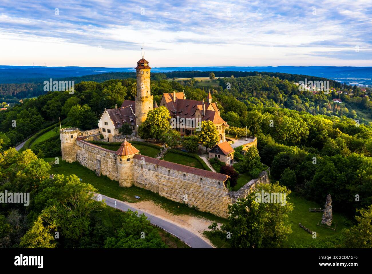 Drone photo, Altenburg, medieval hilltop castle, Bamberg, Steigerwaldhoehe, Upper Franconia, Franconia, Germany Stock Photo