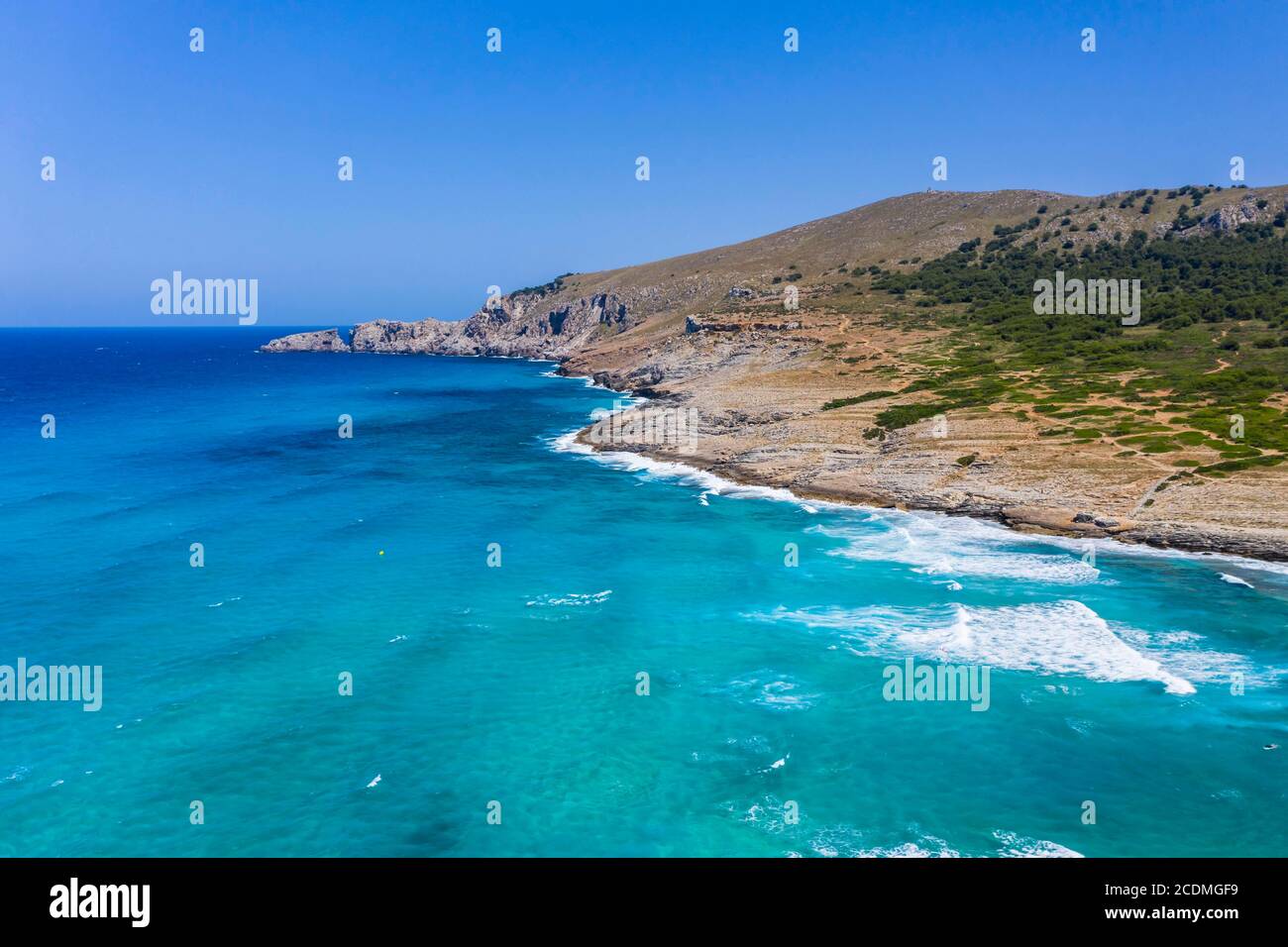 Aerial view, cliffs and beach, Cala Agulla, Cala Mesquida, Majorca, Balearic Islands, Spain Stock Photo