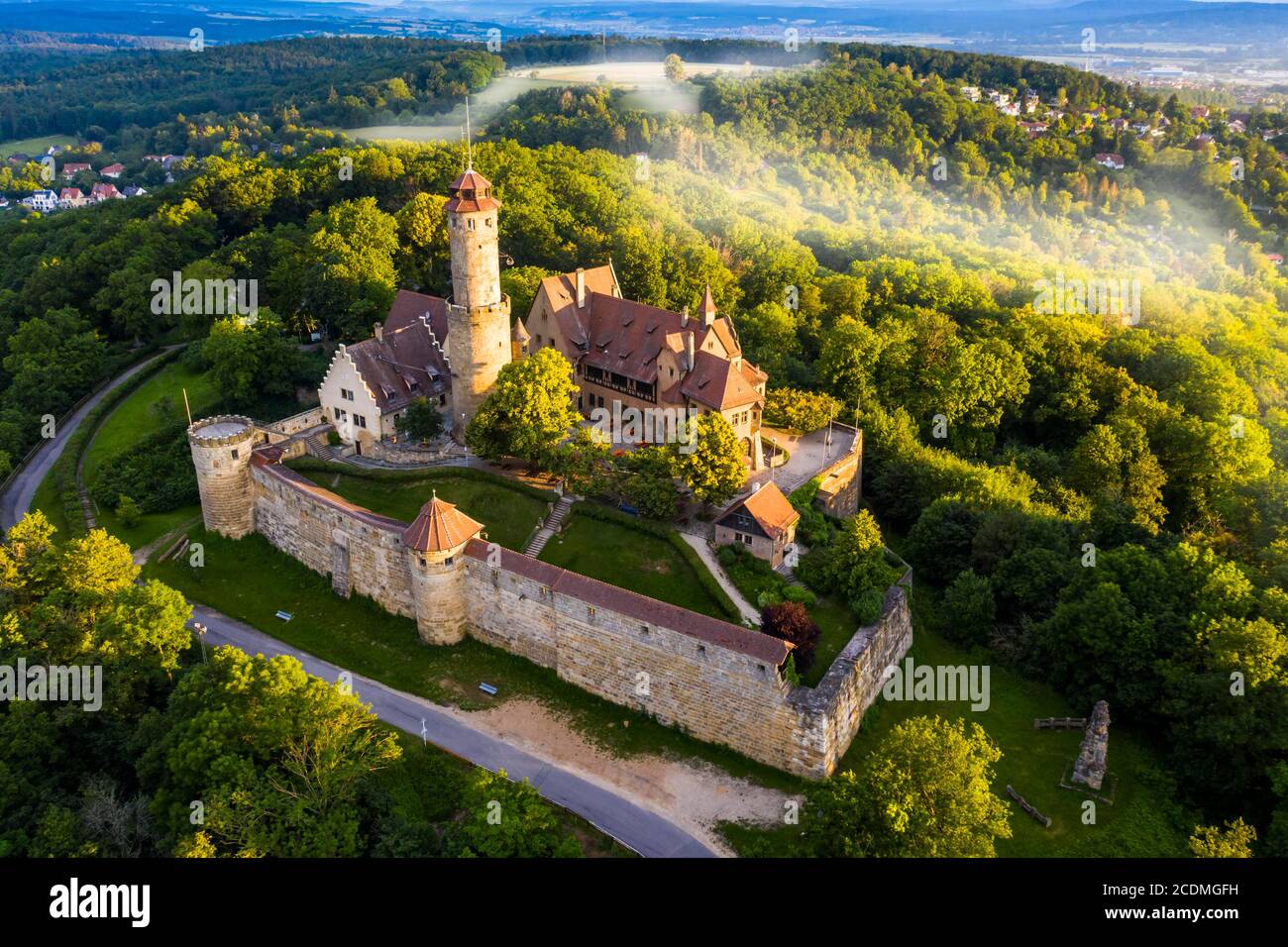 Drone photo, Altenburg, medieval hilltop castle, Bamberg, Steigerwaldhoehe, Upper Franconia, Franconia, Germany Stock Photo