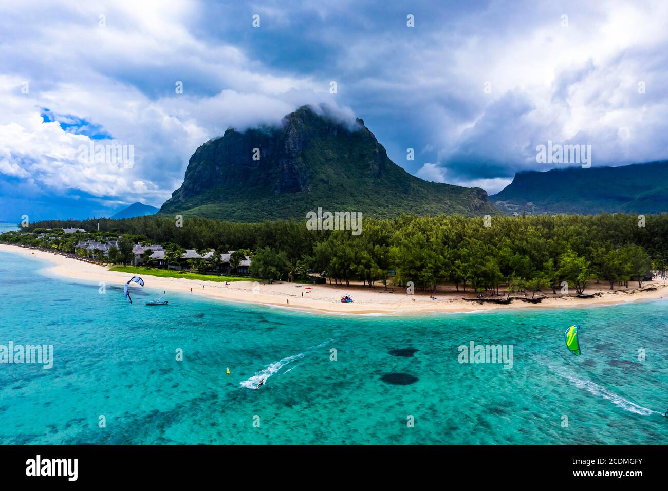 Aerial view, Le Morne mountain with luxury hotels, Mauritius, Africa Stock Photo