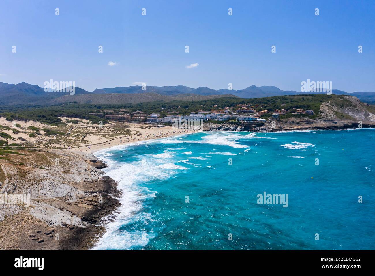 Aerial view, cliffs and beach, Cala Agulla, Cala Mesquida, Majorca ...