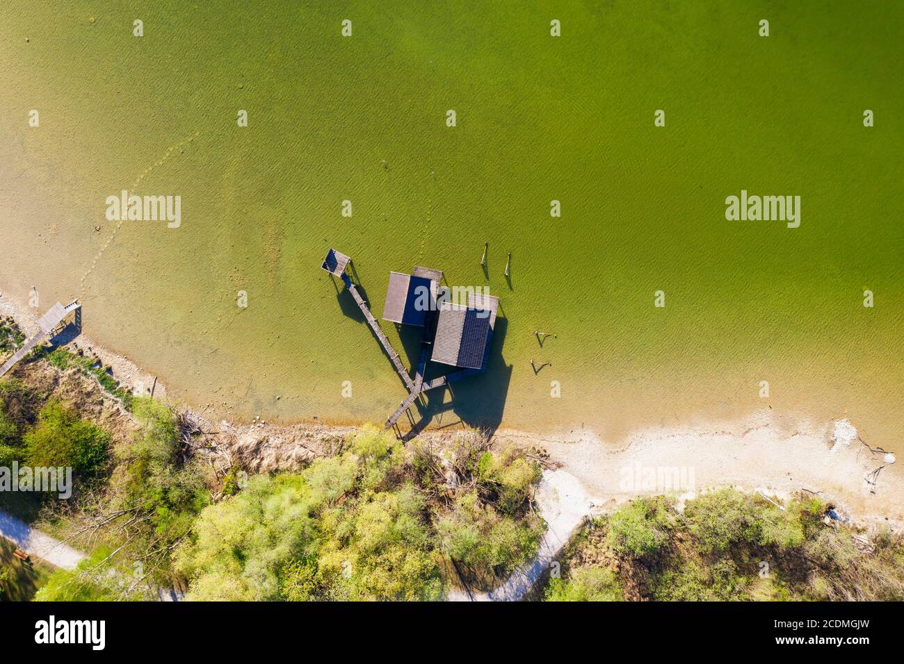 Boathouses in the Lake Ammer from above, near Herrsching am Lake Ammer, Fuenfseenland, drone photograph, Upper Bavaria, Bavaria, Germany Stock Photo