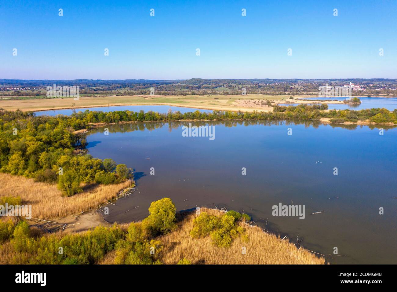 Estuary of the Ammer into the Lake Ammer, nature reserve Lake Ammer south shore, Fuenfseenland, drone recording, Upper Bavaria, Bavaria, Germany Stock Photo