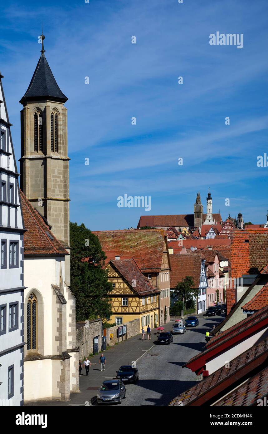 View from the city wall to the school dormitory, Heilig-Geist-Kirche, city hall and St.-Jakob church, Rothenburg ob der Tauber, Franconia, Bavaria Stock Photo