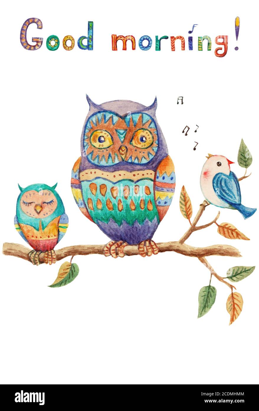 Good morning. Cute vintage watercolor greeting card with owls and ...