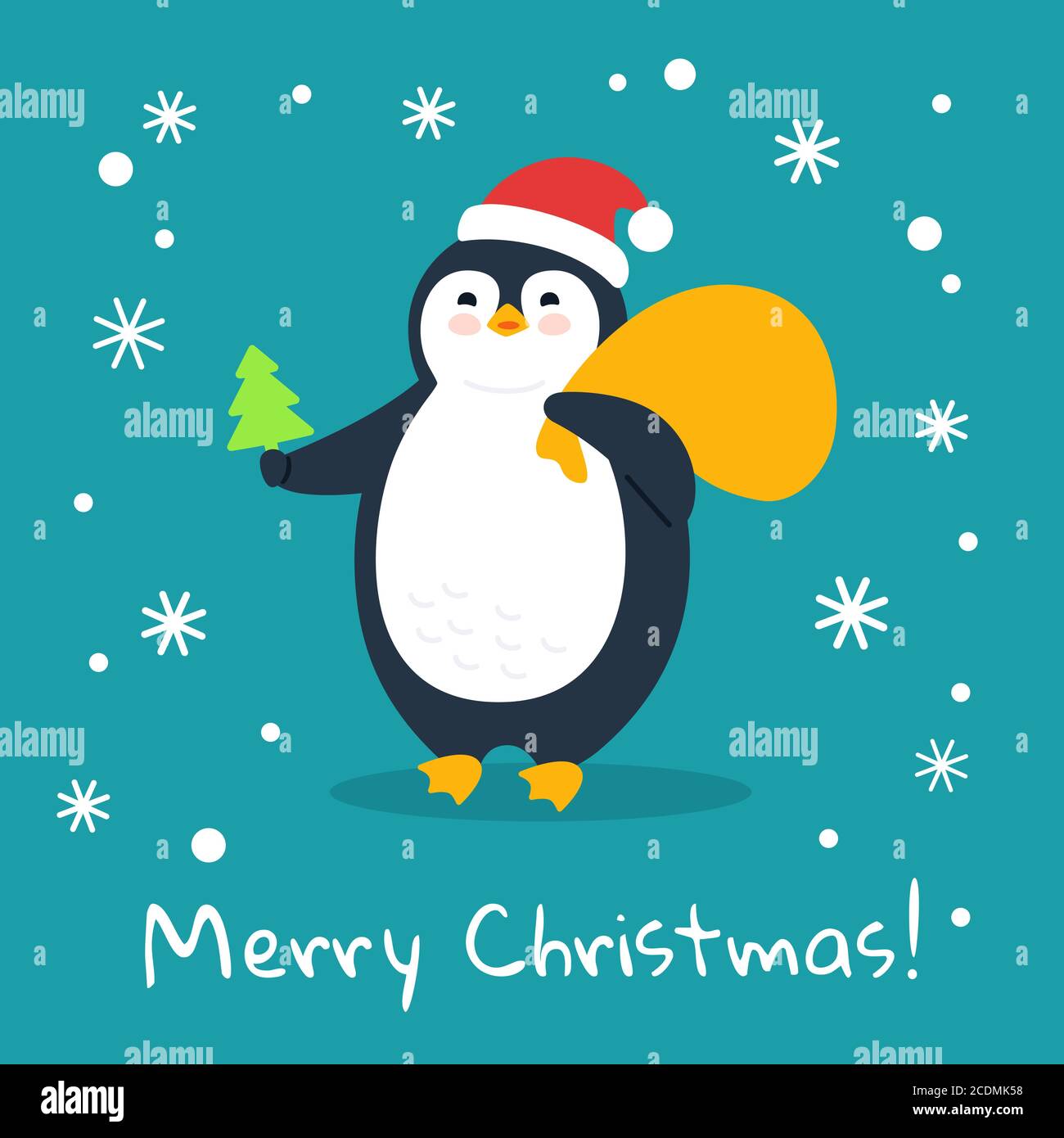 Penguin with tree, gift bag. Winter holidays postcard cartoon flat greeting Merry Christmas. Funny happy New year animal character. Cute card hand drawn penguin banner. Isolated vector illustration Stock Vector