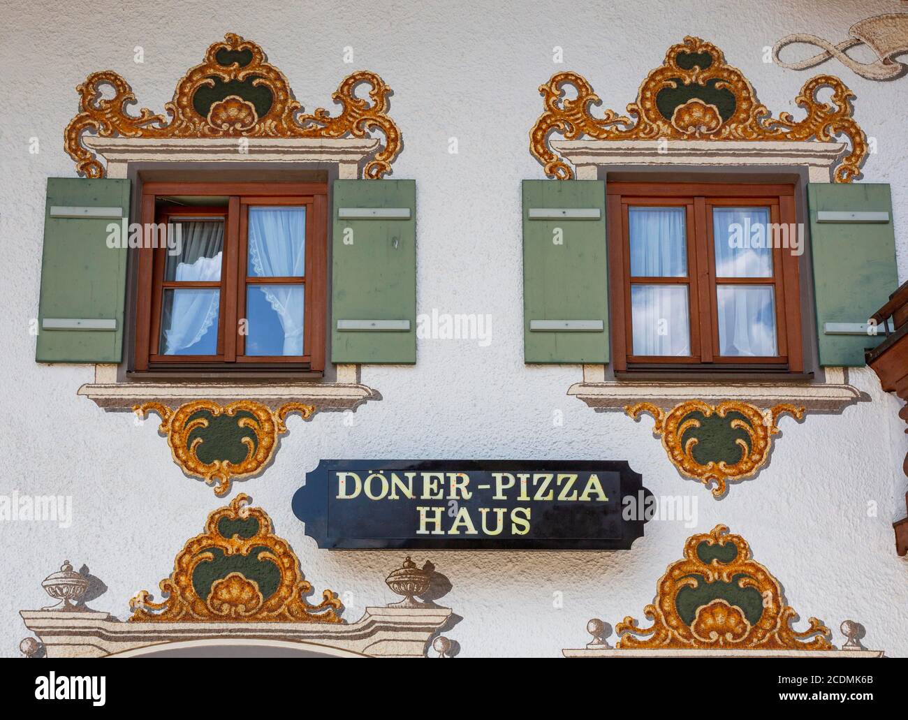 Lueftlmalerei, facade painting with advertising board, Inzell, Chiemgau, Upper Bavaria, Bavaria, Germany Stock Photo