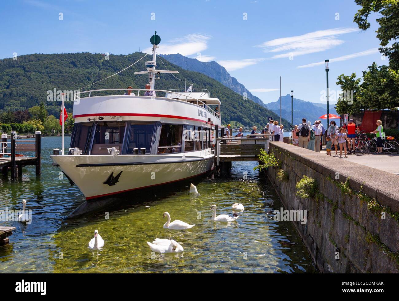 Liner with swans, boat station at Rathausplatz, Gmunden, Lake Traun, Salzkammergut, Upper Austria, Austria Stock Photo