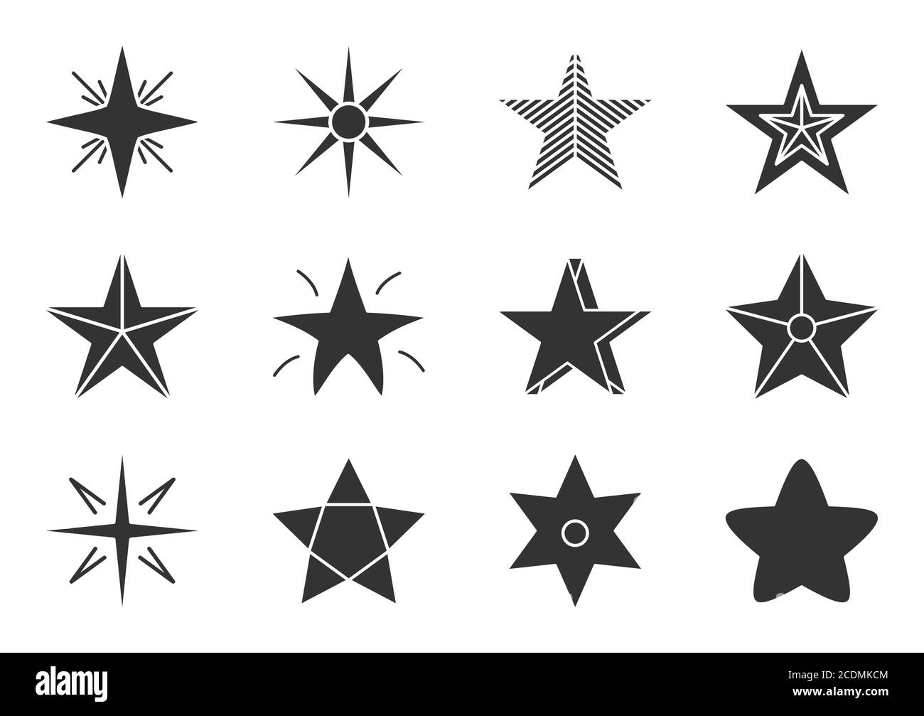 Set of star silhouette icon. Glyph starry sign for design logo. Abstract template different shape stars. Silhouette classic rank reward in game or web site premium rating Isolated vector illustration Stock Vector