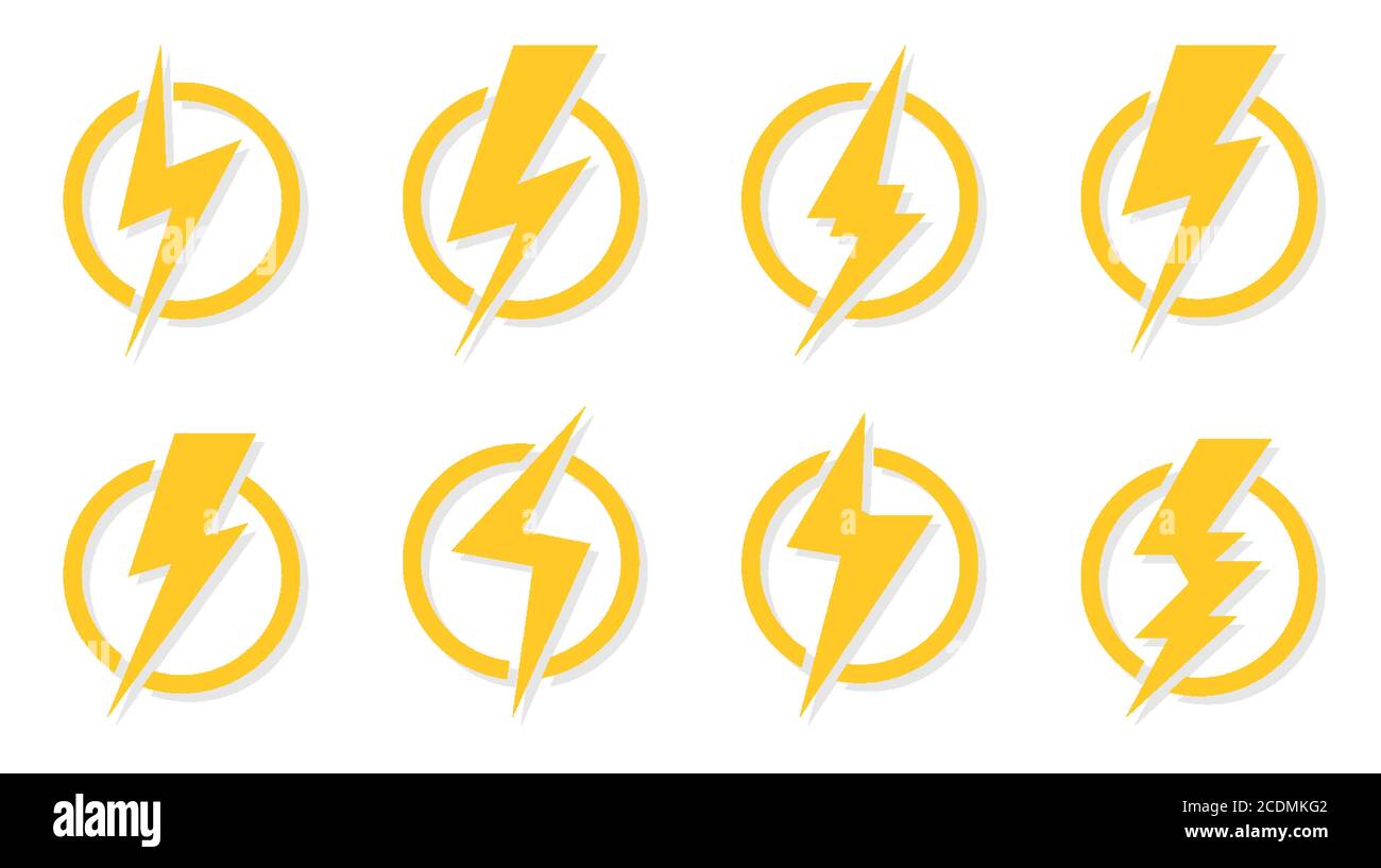 Yellow lightning bolt icons set. Electrical strike sign in circle ...