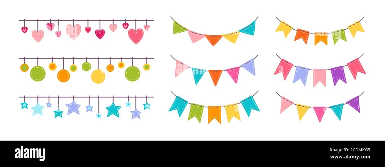 Flag garland bunting heart, star birthday party flat set. Anniversary,  celebration party hanging flags cartoon collection. Buntings pennants,  festival decoration. Isolated vector illustration Stock Vector Image & Art  - Alamy