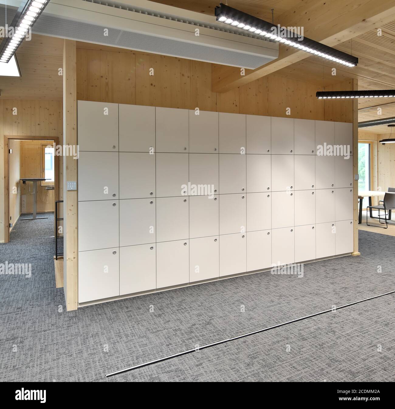 Wood in modern interior design, lockers in the administration building ...