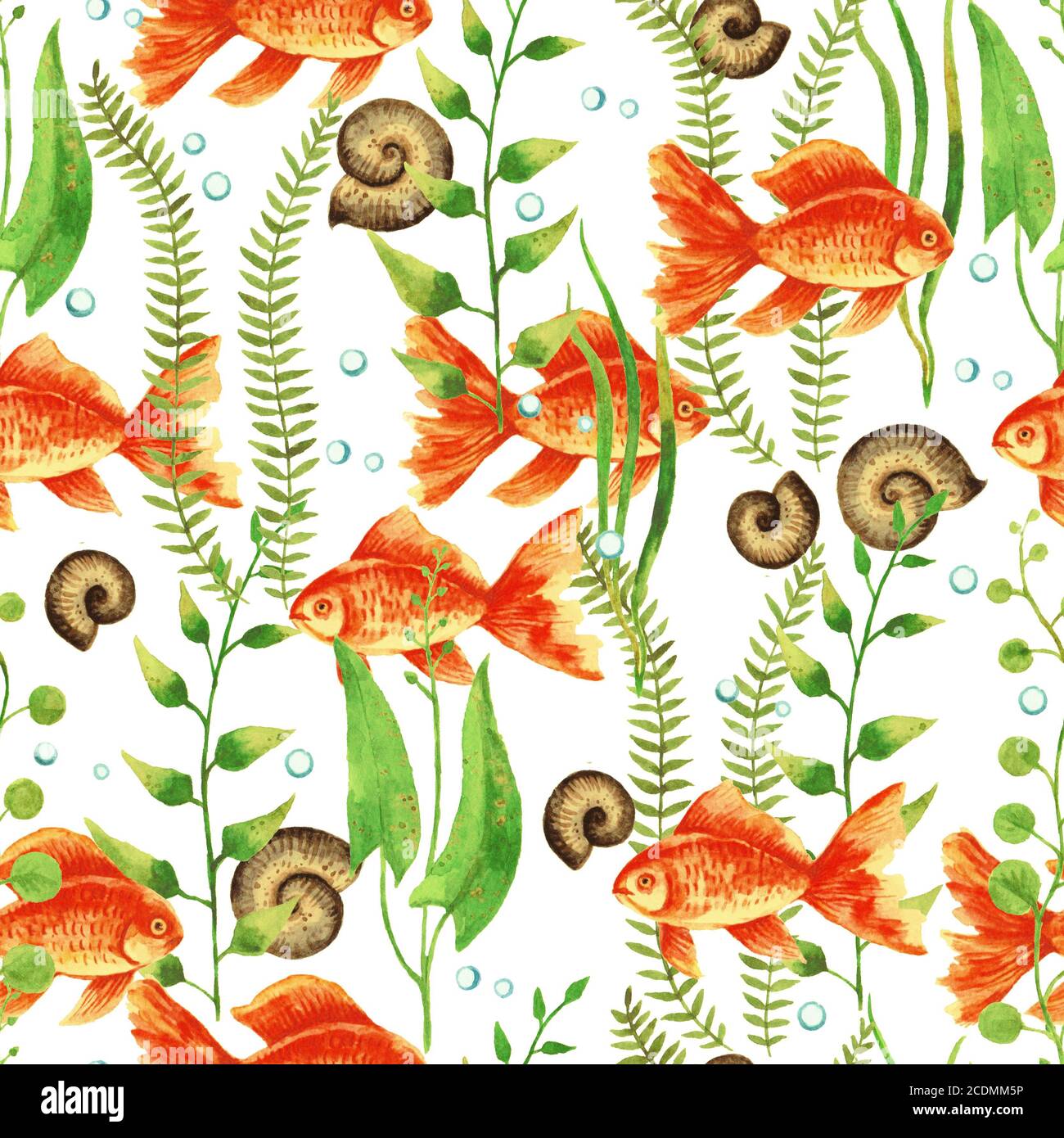 Watercolor seamless pattern with aquarium gold fishes, plants, snail ...