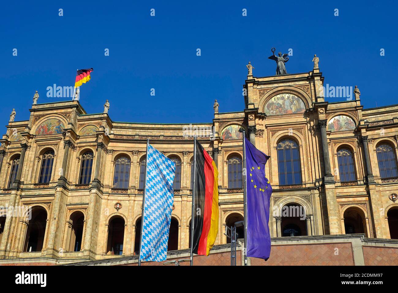 Maximilianeum, Bavarian State Parliament with Bavarian, German and European flag, Haidhausen, Munich, Upper Bavaria, Bavaria, Germany Stock Photo