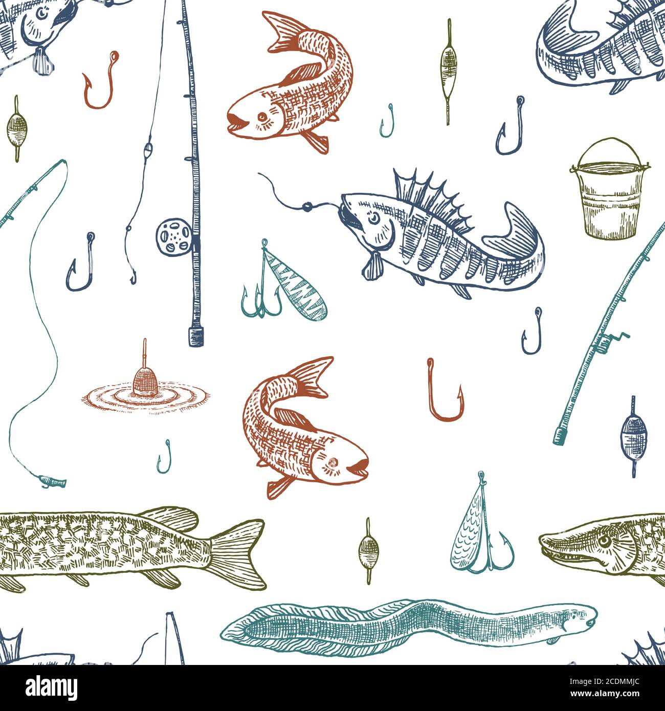 Doodle vector seamless pattern. Fishing illustration. Stock Vector