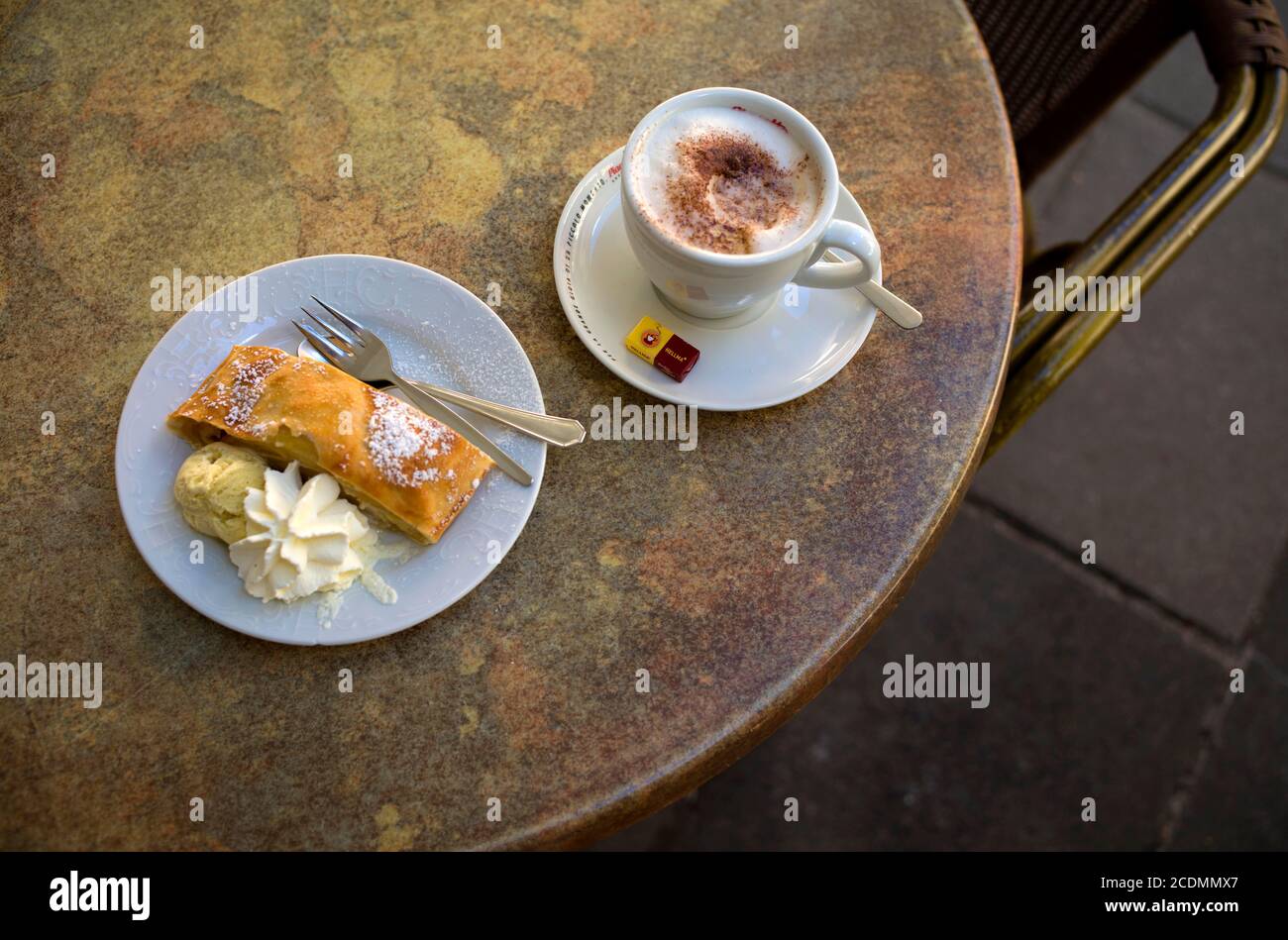 Cappuccino and apple strudel with vanilla ice cream and cream, Cafe, Rothenburg ob der Tauber, Franconia, Bavaria, Germany Stock Photo