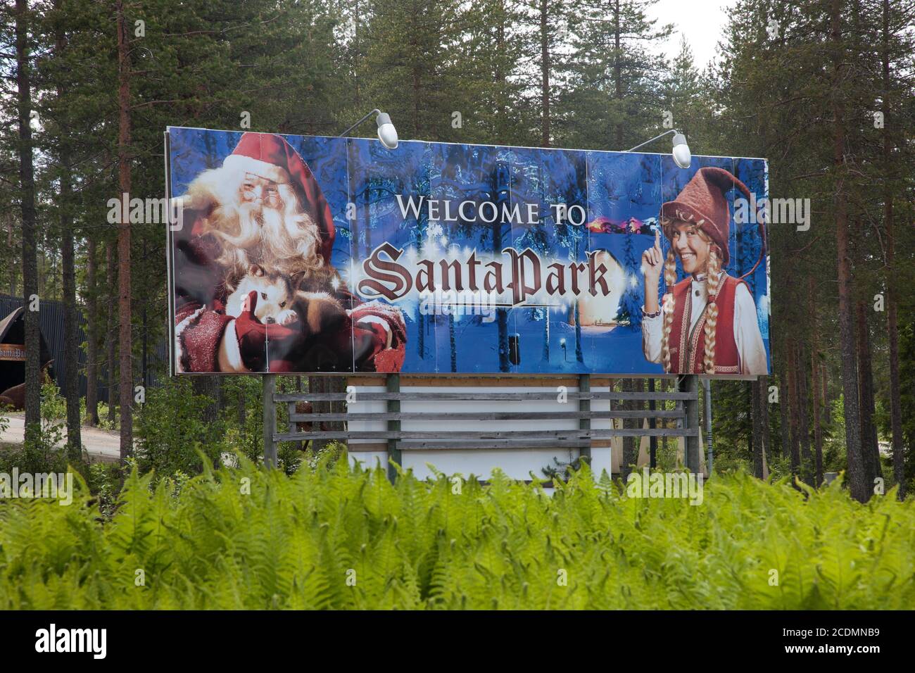 Santa Claus Village, advertising sign at the entrance to Santa Park in Rovaniemi at the Arctic Circle, Finland Stock Photo