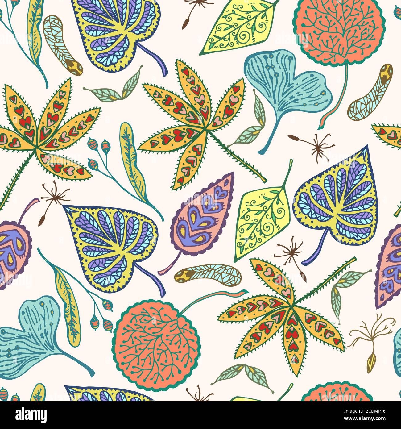 Autumn seamless pattern with ornamental leafs and seed. Hand drawn ...