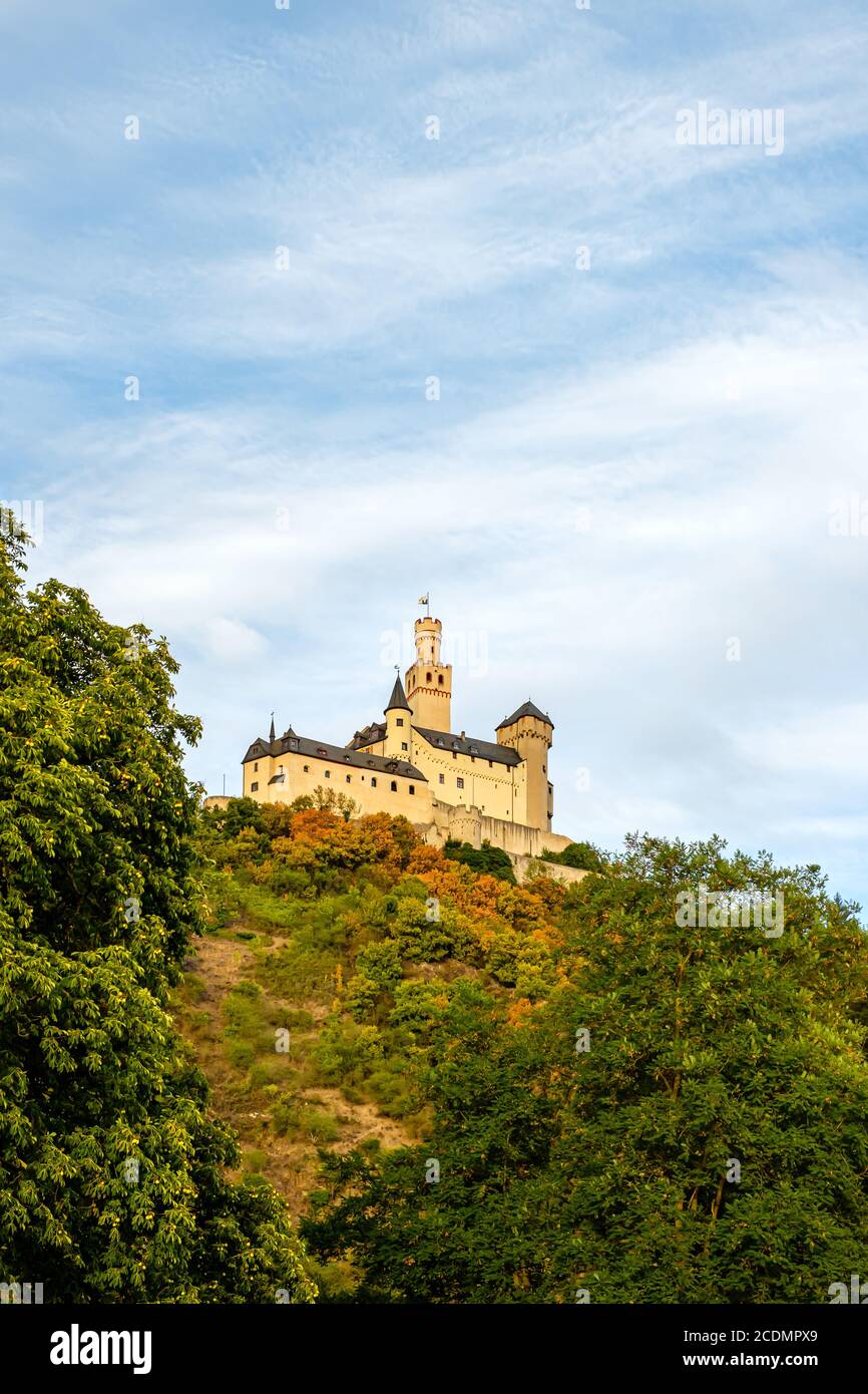 'Marksburg' castle at dusk, Braubach, Germany, Europe Stock Photo