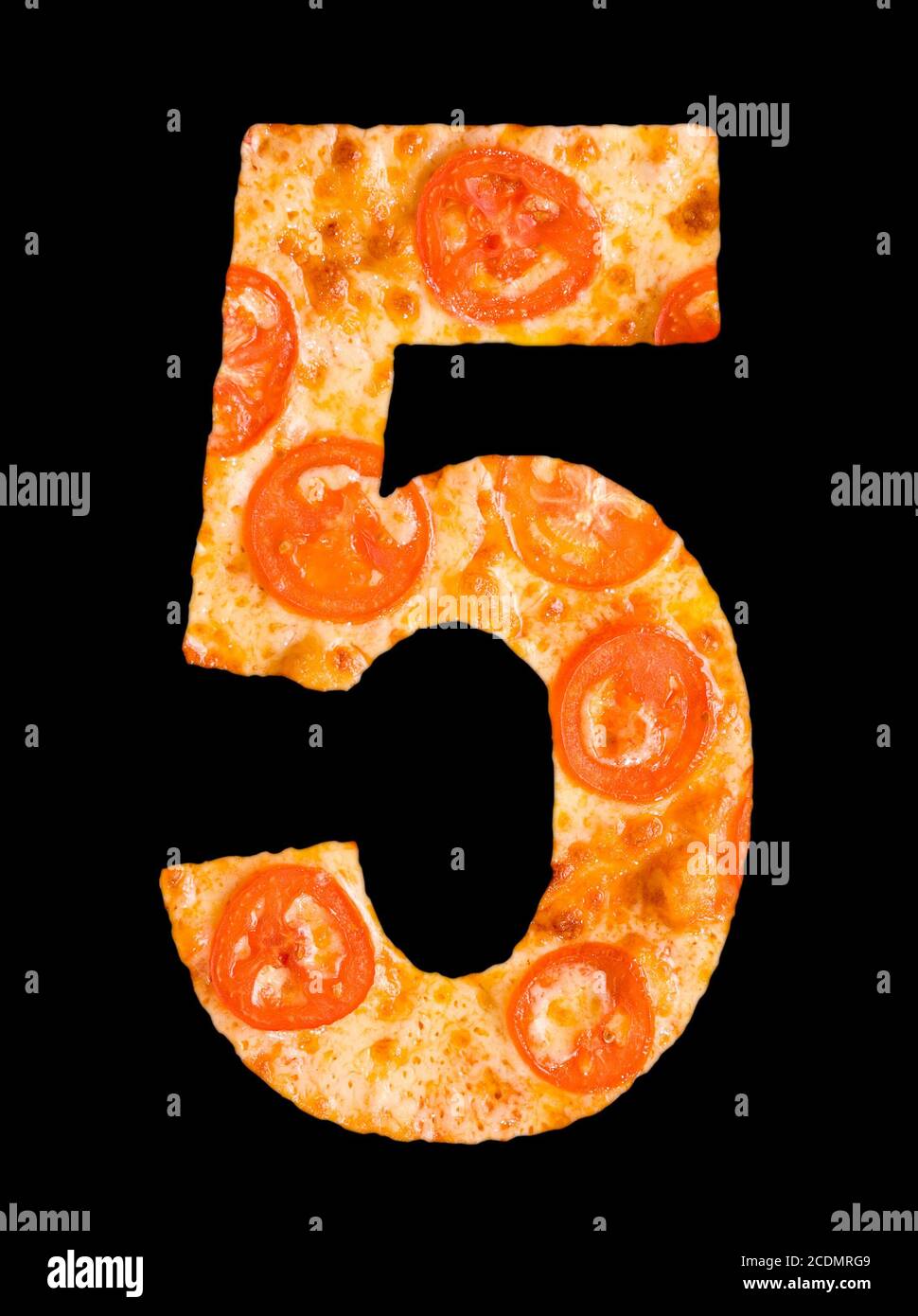 numeral 5 cut out of tomato pizza Stock Photo