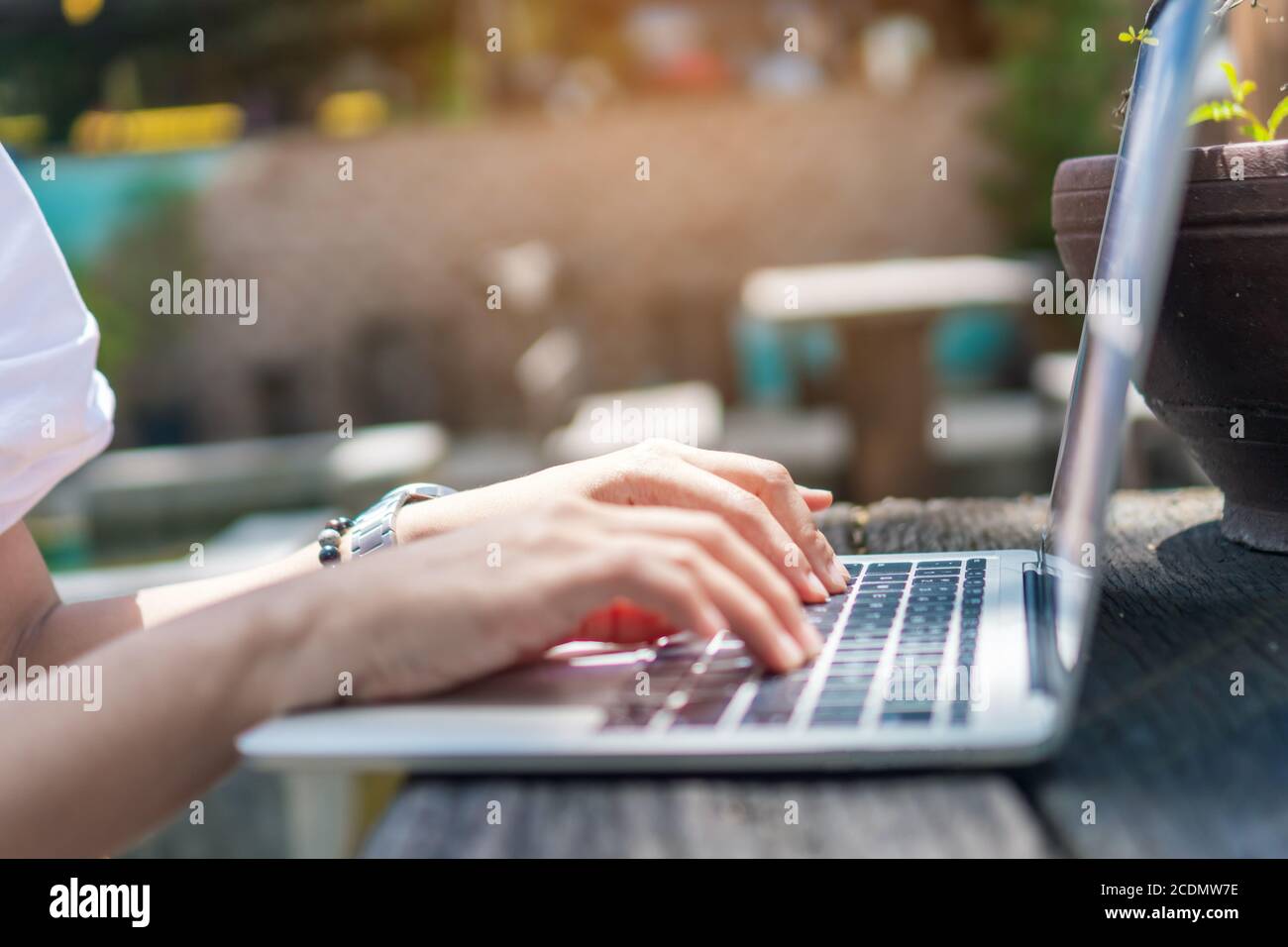 People using laptop to work study on work desk. Business, financial ...