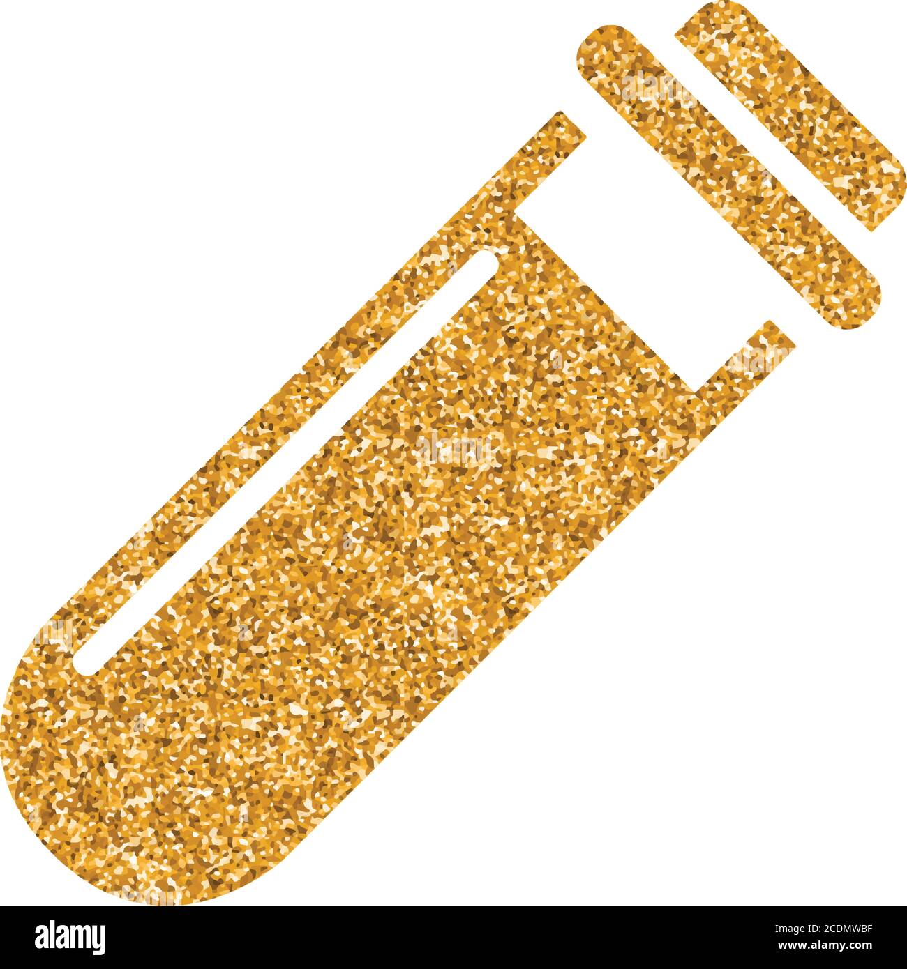 Test tube icon in gold glitter texture. Sparkle luxury style vector