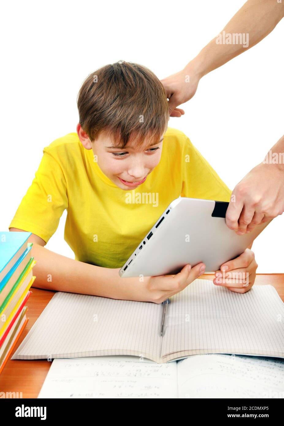 Parent take away Tablet from the Kid Stock Photo