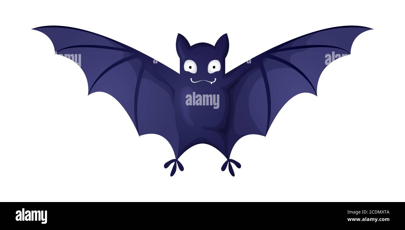 Cute little flying bat. Vector character in cartoons style. Isolated on white background. A vampire bat with open wings – halloween symbol. Stock Vector