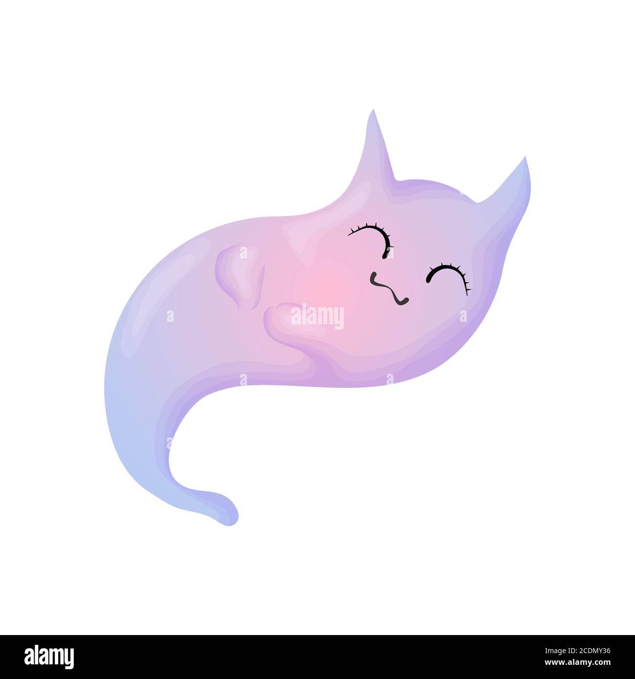 Funny Halloween Vector Illustration with Ghost Cat. Cute ghost with cat ears in purple and blue colors. Isolated on white background. Stock Vector