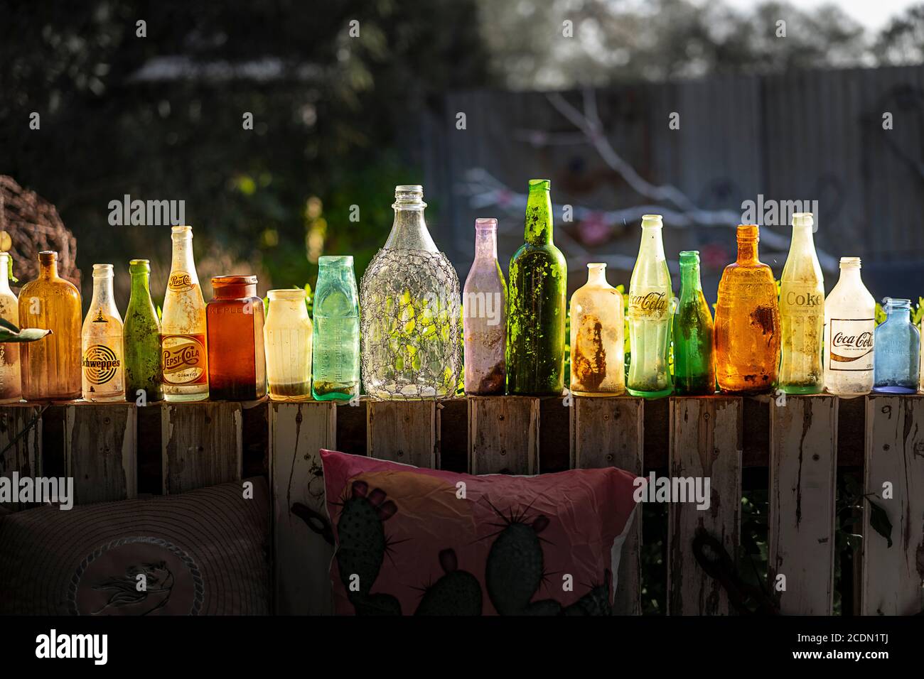 Collection of antique bottles on display Stock Photo