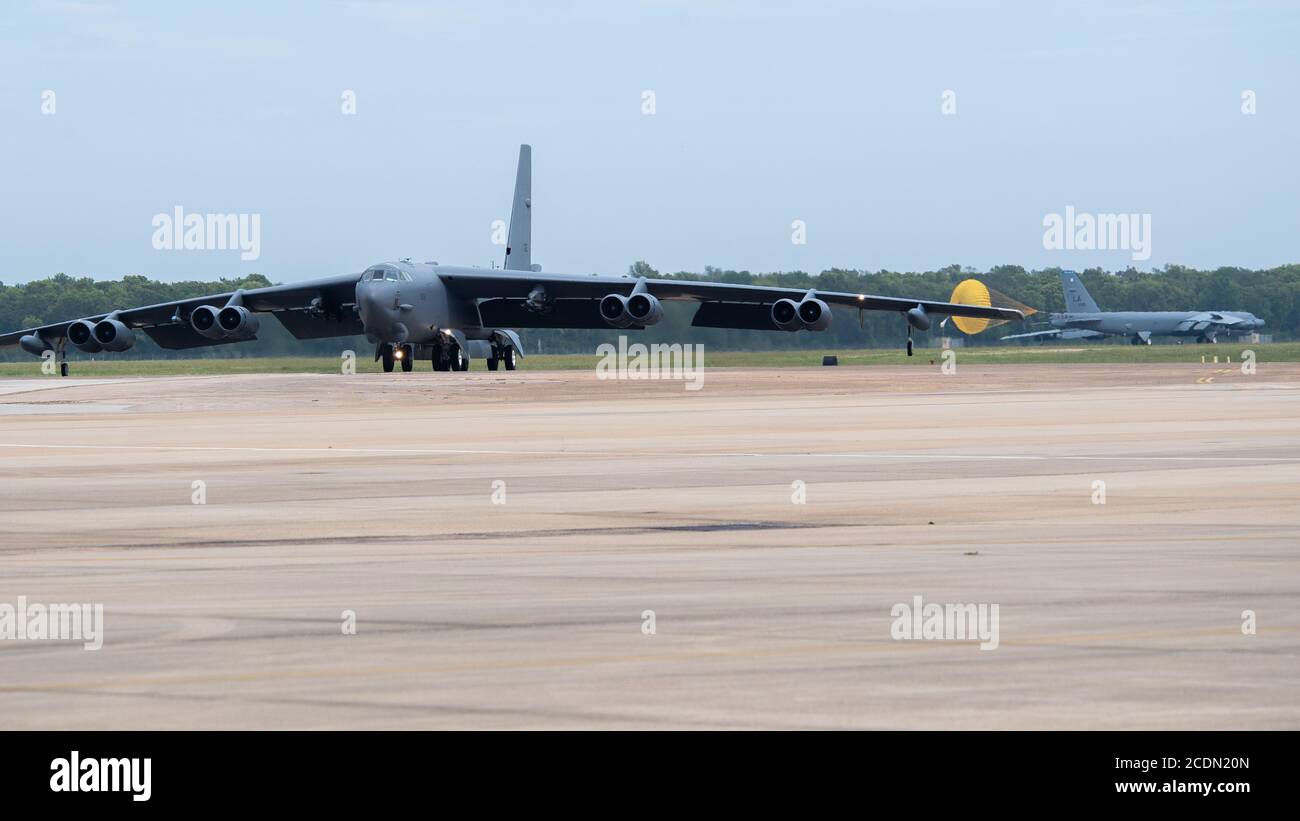 B-52H Stratofortress aircraft return to Barksdale Air Force Base, La., Aug. 28, 2020. B-52s from Barksdale returned after evacuating to Minot Air Force Base, N.D., to avoid possible damage from Hurricane Laura, which was the first storm in 15 years to reach Barksdale as a Category 1 or higher. (U.S. Air Force photo by Senior Airman Tessa B. Corrick) Stock Photo
