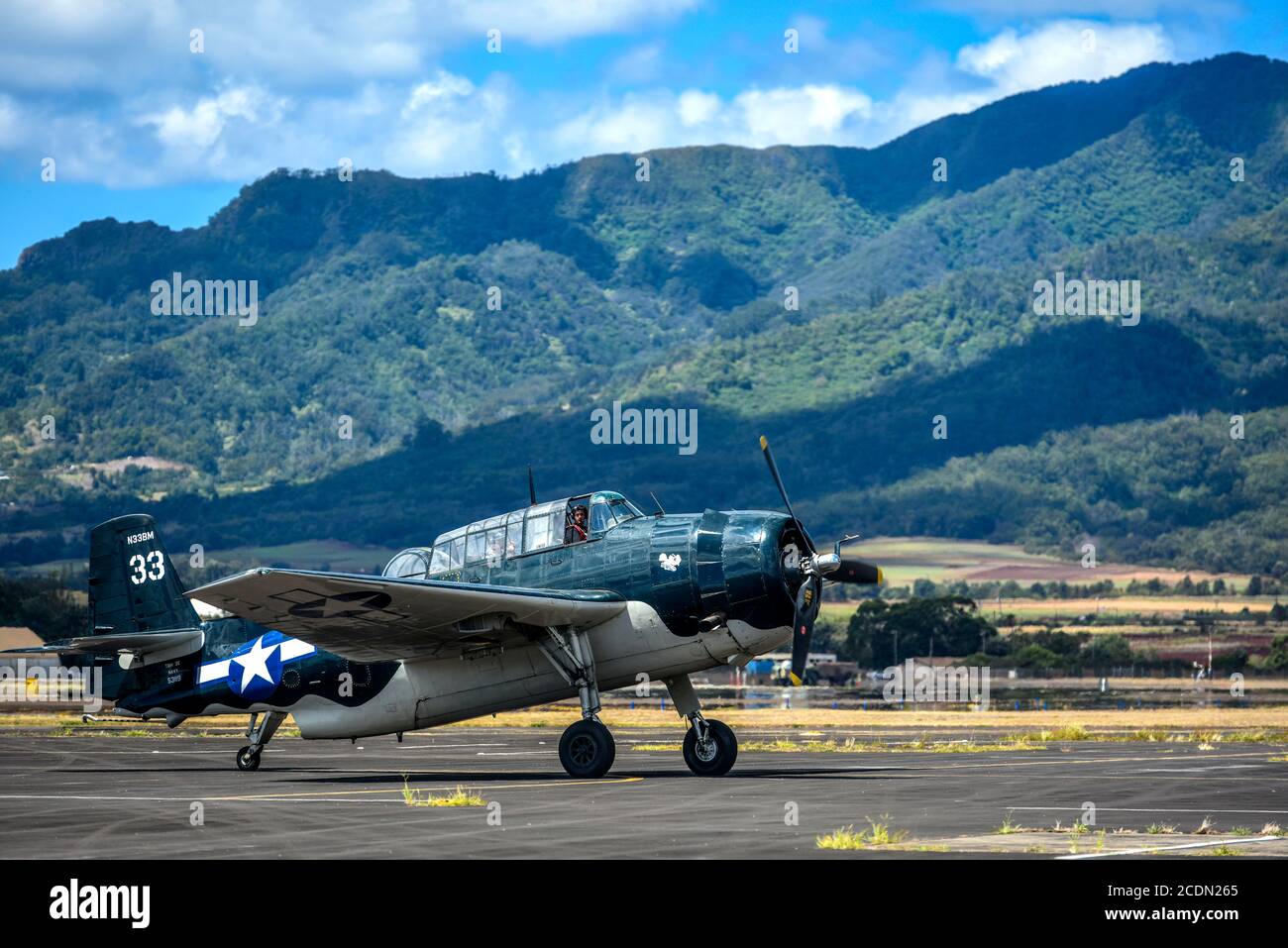 A Grumman TBM Avenger taxis on the runway at Wheeler Army Airfield, Hawaii, August 27, 2020. The Avenger is one of the 14 classic combat aircraft slated to participate in the Oahu flyovers as part of the Official 75th Commemoration of the End of WWII Sept. 2, 2020. World War II remains a historic reminder of how the dedicated resolve of allies with a common purpose and shared vision builds proven partnerships that ensure we continue to stand together with our allies and partners in maintaining a free and open Indo-Pacific.    (U.S. Air Force photo by Tech. Sgt. Anthony Nelson Jr.) Stock Photo