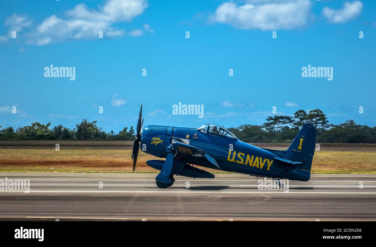 A Grumman F8F Bearcat lands at Wheeler Army Airfield, Hawaii, August 27, 2020. The Bearcat is one of the 14 classic combat aircraft slated to participate in the Oahu flyovers as part of the Official 75th Commemoration of the End of WWII Sept. 2, 2020. World War II remains a historic reminder of how the dedicated resolve of allies with a common purpose and shared vision builds proven partnerships that ensure we continue to stand together with our allies and partners in maintaining a free and open Indo-Pacific.     (U.S. Air Force photo by Tech. Sgt. Anthony Nelson Jr.) Stock Photo