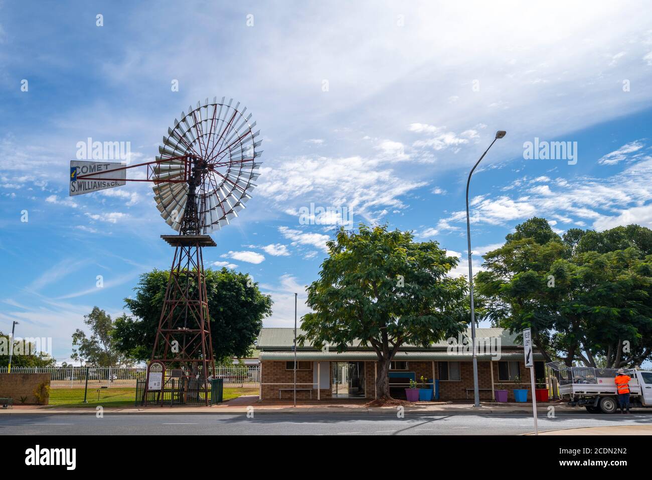 The Barcaldine Windmill symbolizing the importance artesian water to the outback. Barcaldine, Western Queensland, Australia Stock Photo