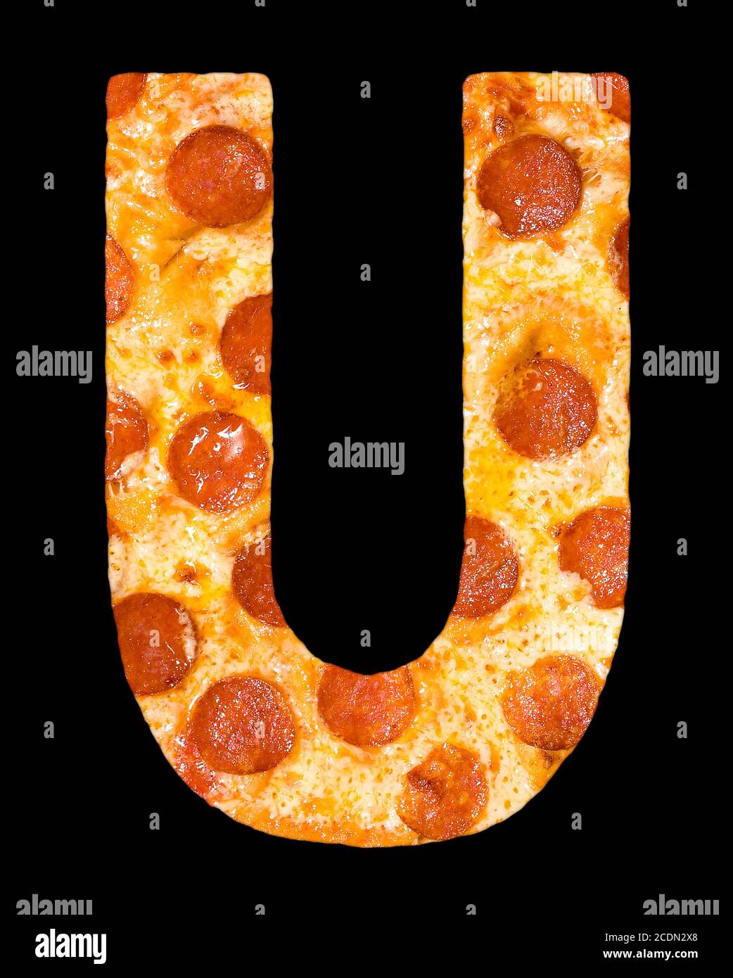 letter U cut out of pizza with peperoni Stock Photo