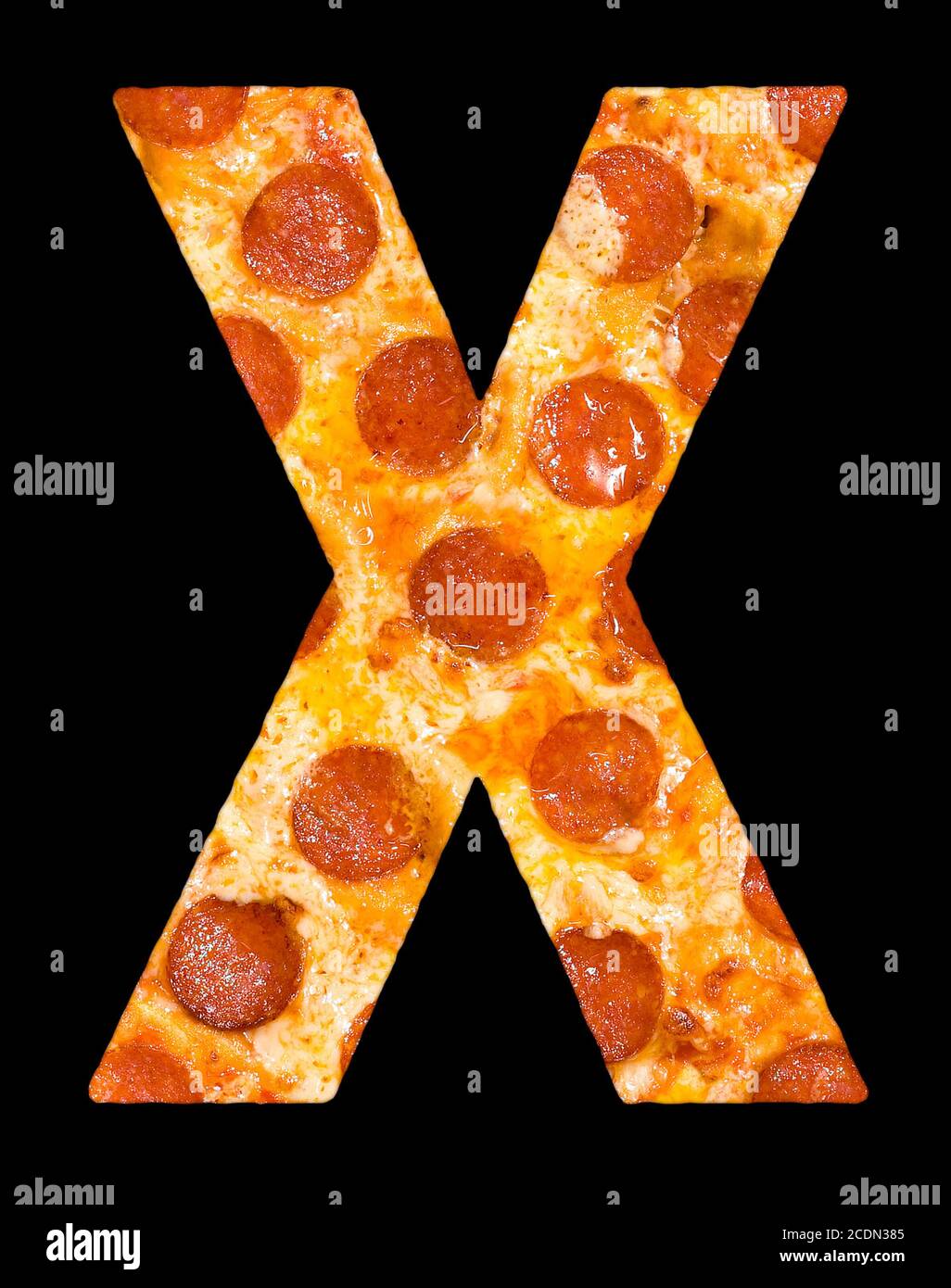 letter X cut out of pizza with peperoni Stock Photo