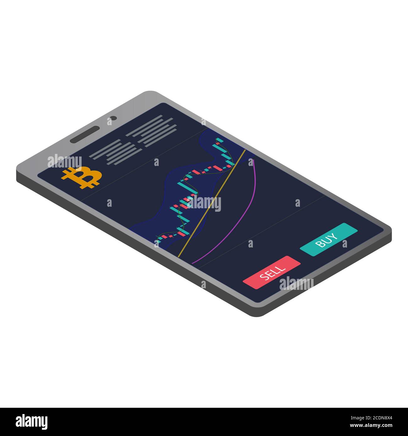 Isometric smartphone with bitcoin chart and buy and sell buttons ...