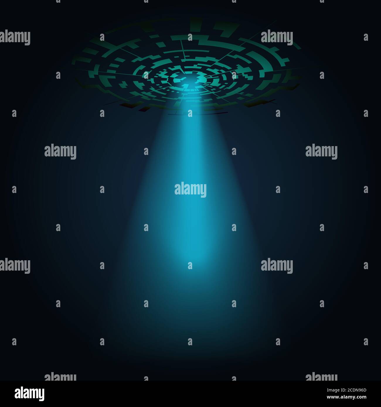 Digital abstract UFO with a ray of light shining down on a dark background. Ring geometric shape. Vector EPS 10. Stock Vector