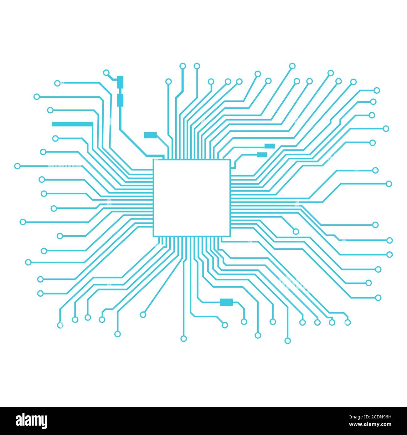 Blue circuit board with place for processor isolated on white. Lines