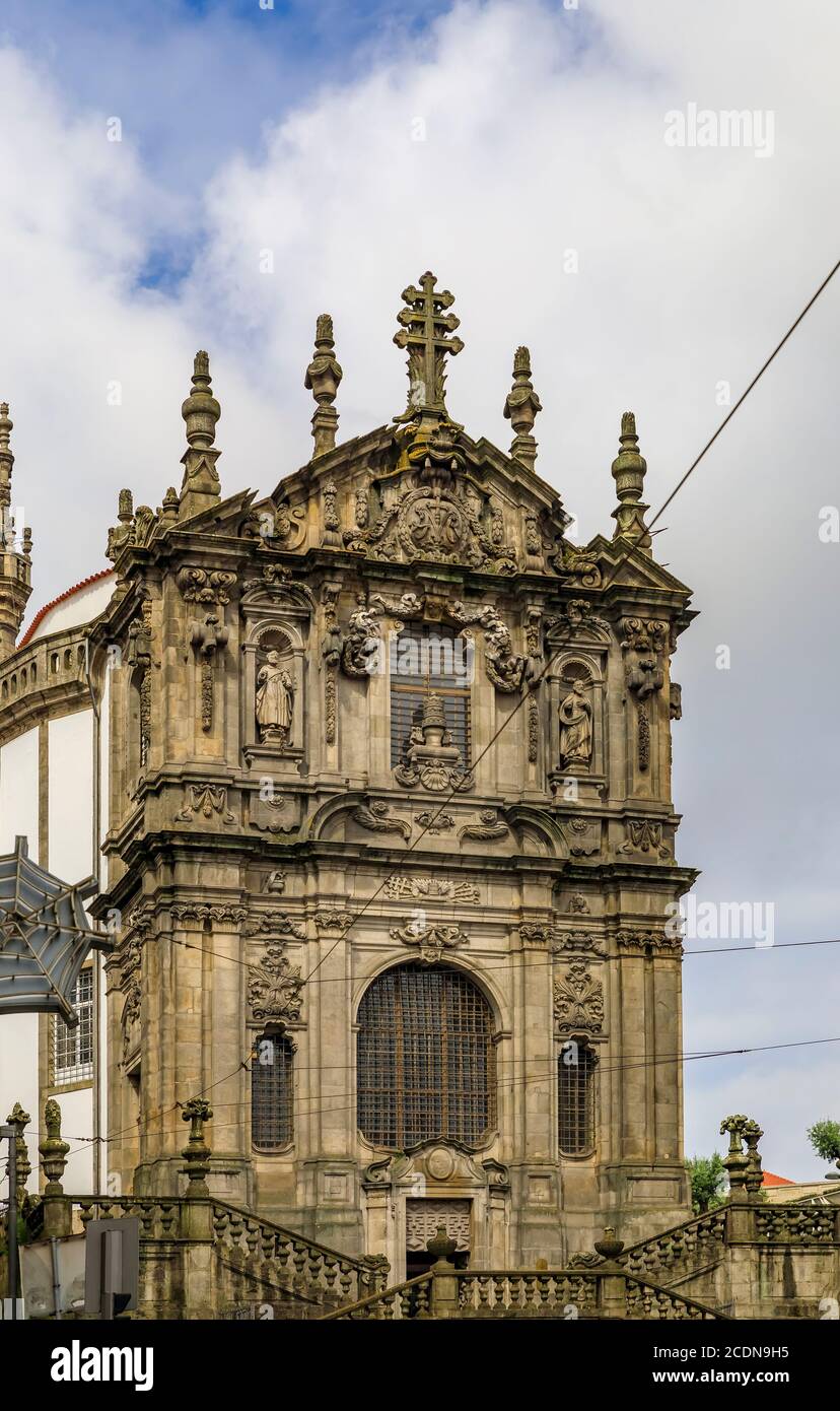View of the ornate baroque facade of the Igreja dos Clerigos church in old town, a symbol of Porto, Portugal Stock Photo