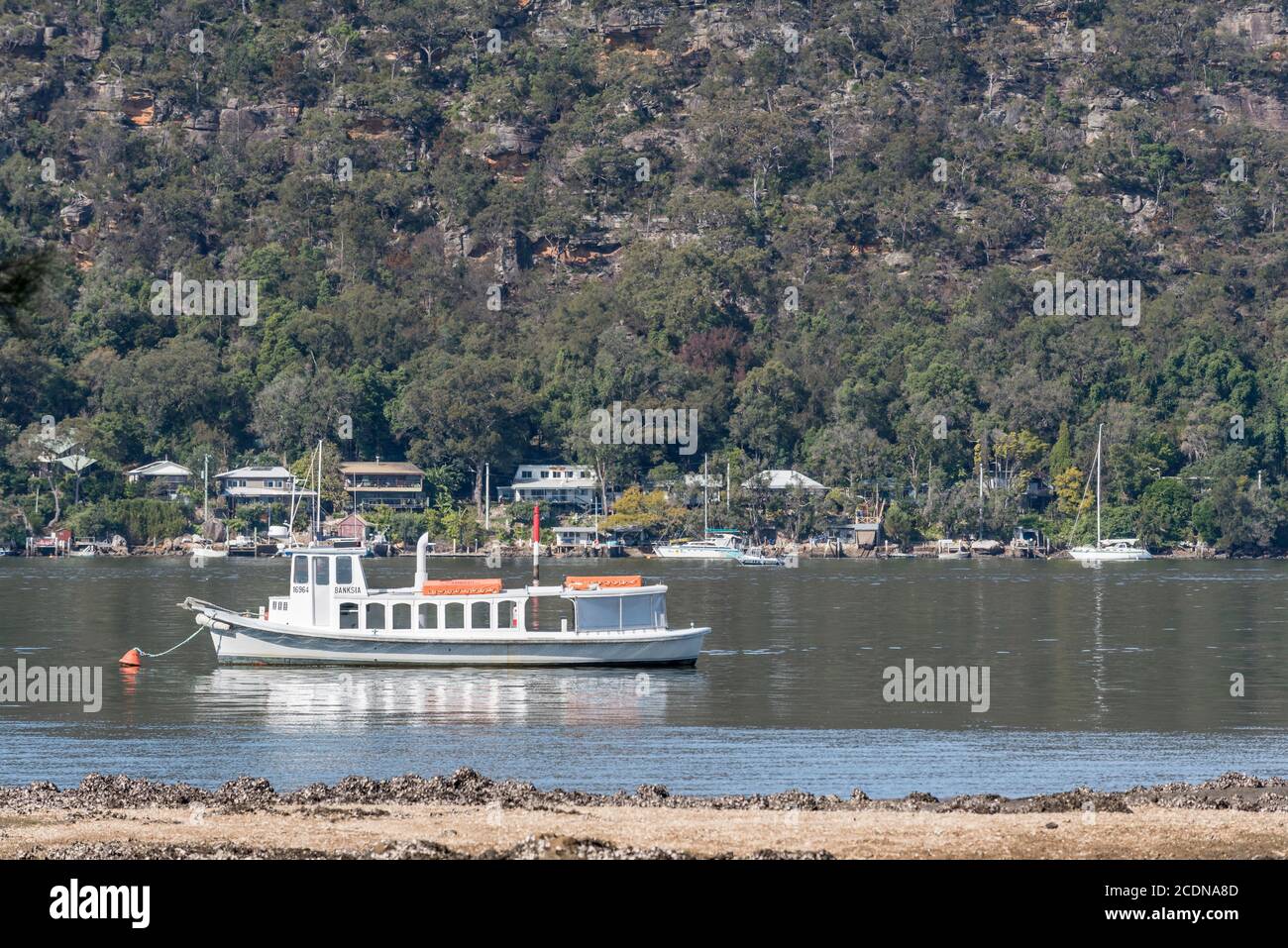 A historic river ferry moored near Bradleys Beach, Dangar Island in the