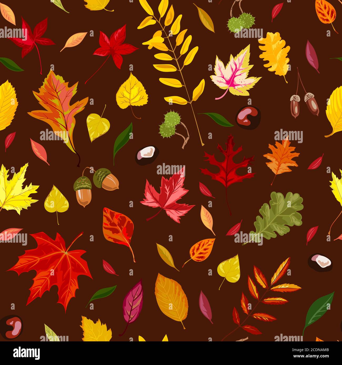 Falling autumn leaves, chestnuts and acorns seamless pattern Stock Vector