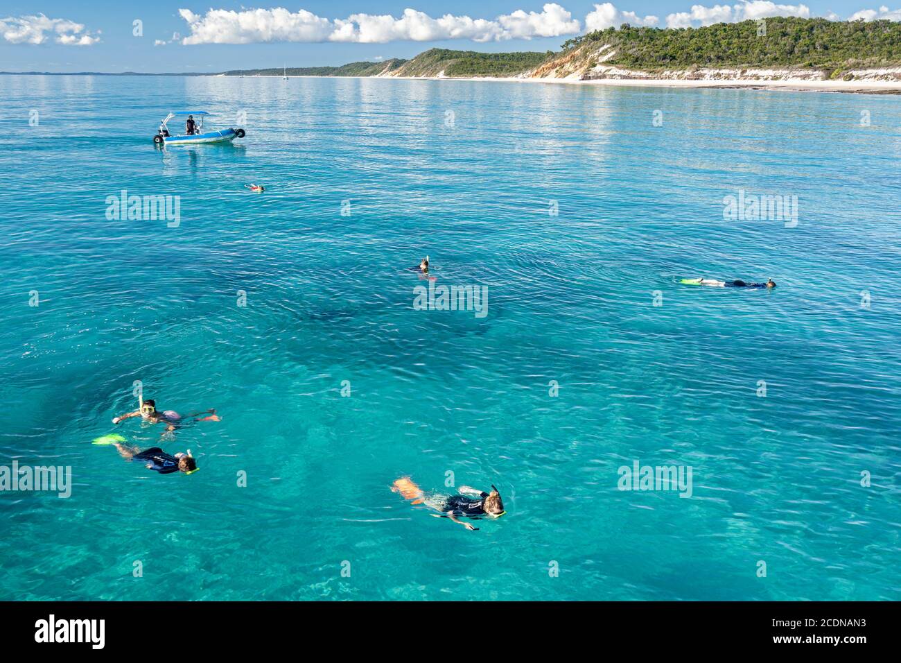 Tourists snorkeling in clear waters of Platypus Bay on West coast of Fraser Island, Hervey Bay, Queensland, Australia Stock Photo