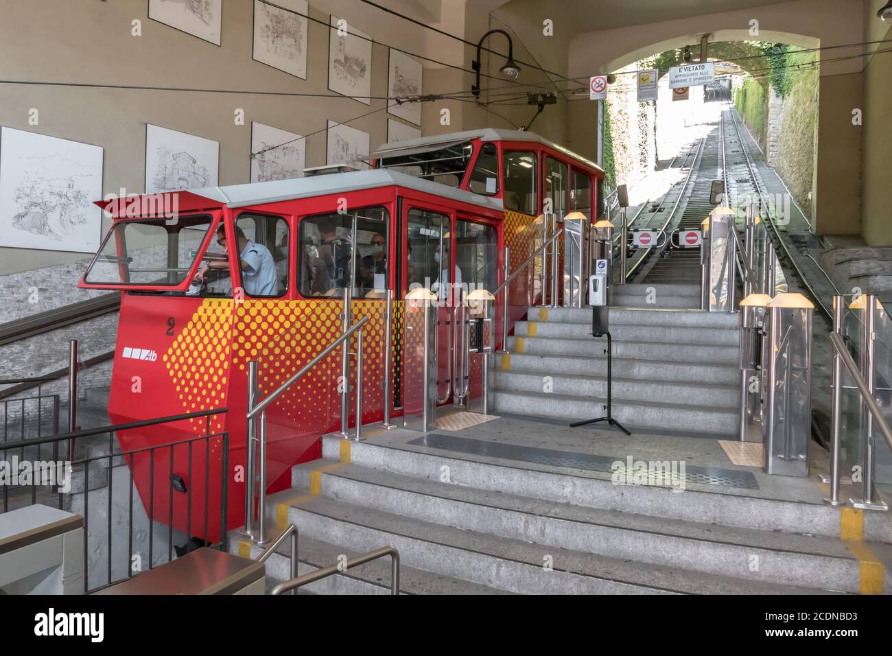 Upper city funicular line in Bergamo (Funicolare Citta Alta). Red