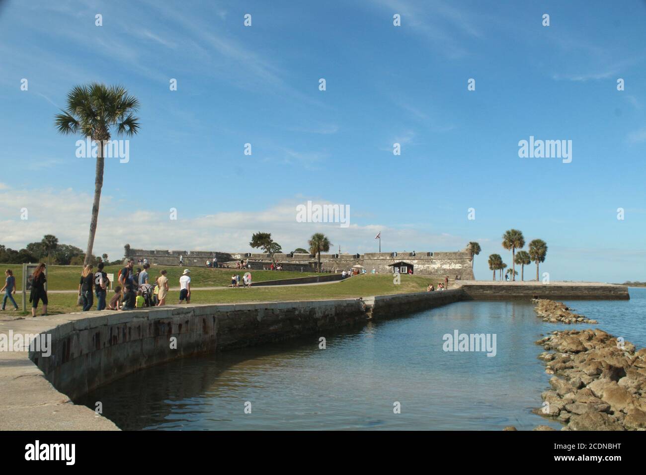 Coastline waterfront in St. Augustine, Florida with Castillo de San Marcos Monument in the background Stock Photo